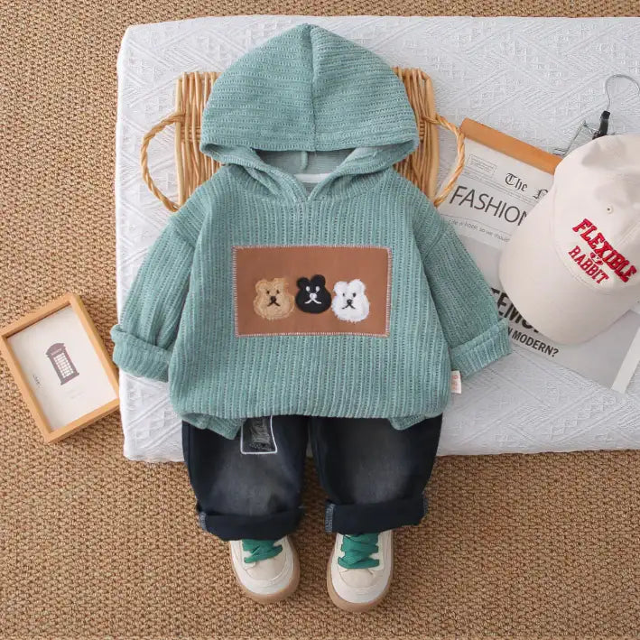 Bear Patch Hoodie & Jeans Childrenβs Outfit β Blue or Cream (1-5 Years)